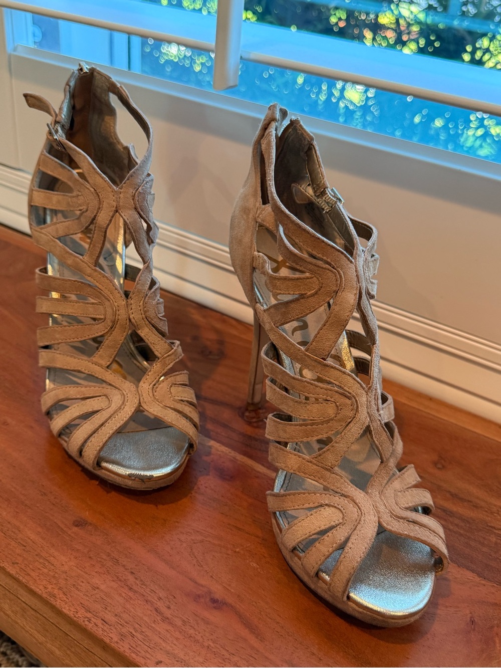 Sam Edelman Eve Suede Cage Heels – Taupe/Nude – Size 8.5